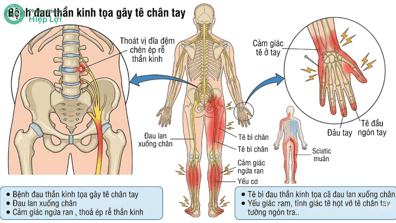 Sự chèn ép lên dây thần kinh tọa kéo dài từ thắt lưng xuống bắp chân là nguyên nhân phổ biến gây tê buốt chi dưới.